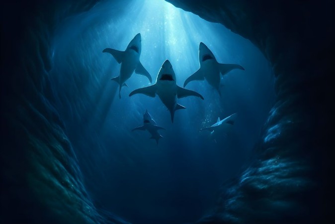 Afbeeldingen van Sharks swim in the deep sea II
