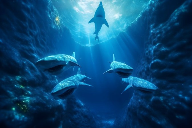 Afbeeldingen van Sharks swim in the deep sea III