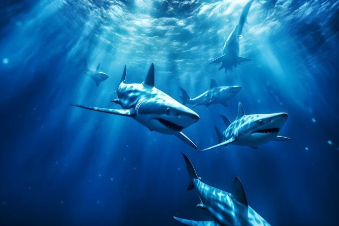 Afbeeldingen van Sharks swim in the deep sea I