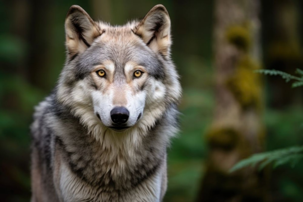 Bild på Portrait of a wolf in a forest