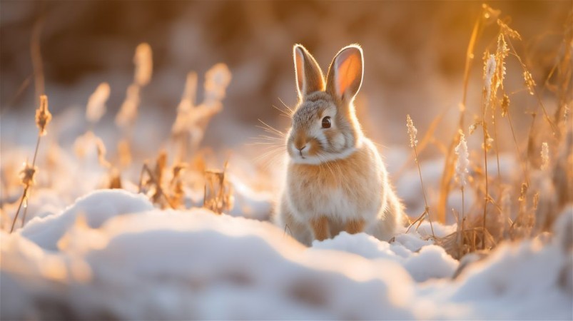 Afbeeldingen van A rabbit lit by the sunrise on a snowy field
