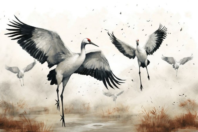 Afbeeldingen van Flock of cranes