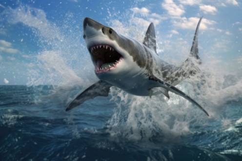 Afbeeldingen van White shark leaping out of water