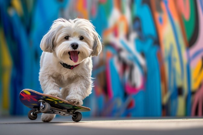 Afbeeldingen van Dog riding skateboard