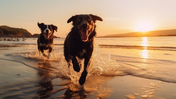 Bild på Two dogs running on the beach