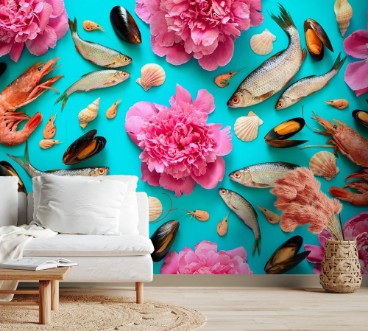 Picture of Sea food and flowers background