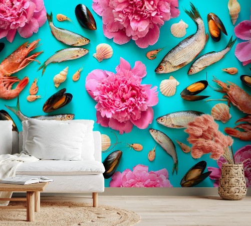 Afbeeldingen van Sea food and flowers background