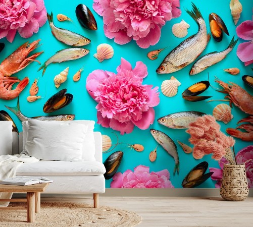 Picture of Sea food and flowers background