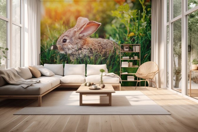 Afbeeldingen van Little rabbit on the grass farm of pets Sunset