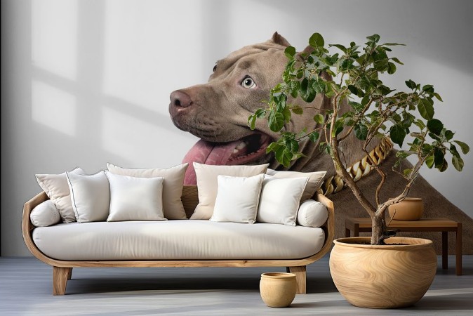 Picture of American Pit Bull Terrier in profile looking up isolated on white background