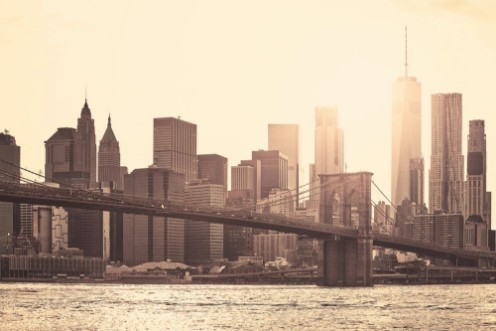 Afbeeldingen van Manhattan at sunset sepia toning applied New York City USA