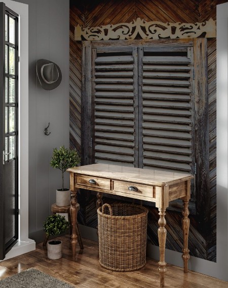 Image de The old weathered wooden closed window with hinges and carved shutters Retro