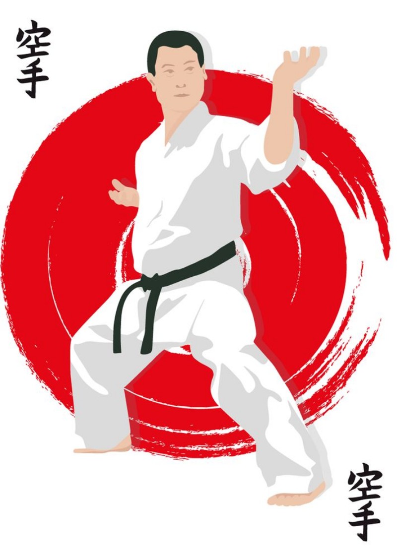 Afbeeldingen van Hieroglyph of karate and men demonstrating karate