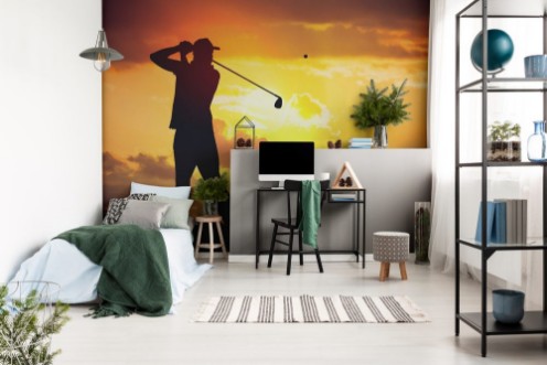 Afbeeldingen van Silhouette of man playing golf at sunset