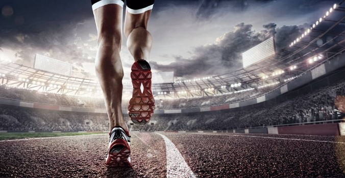 Bild på Sports background Runner feet running on stadium closeup on shoe Dramatic picture