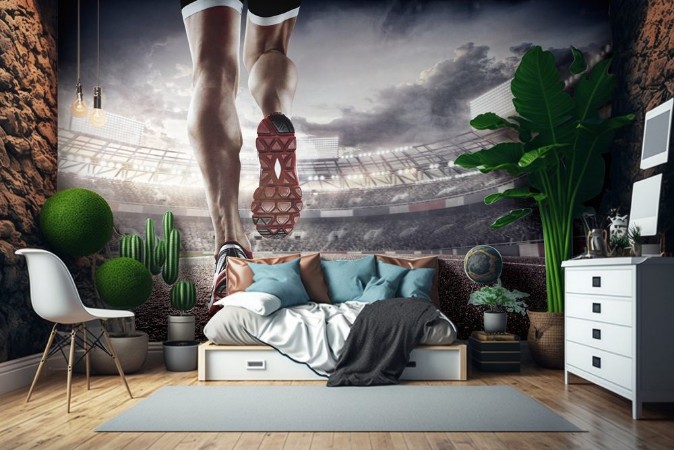 Afbeeldingen van Sports background Runner feet running on stadium closeup on shoe Dramatic picture