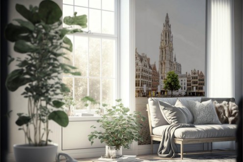 Afbeeldingen van Morning view on the Grote Markt with beautiful buildings and church tower in Antwerpen city Belgium