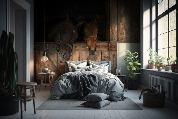 Picture of Horses in a stable looking out