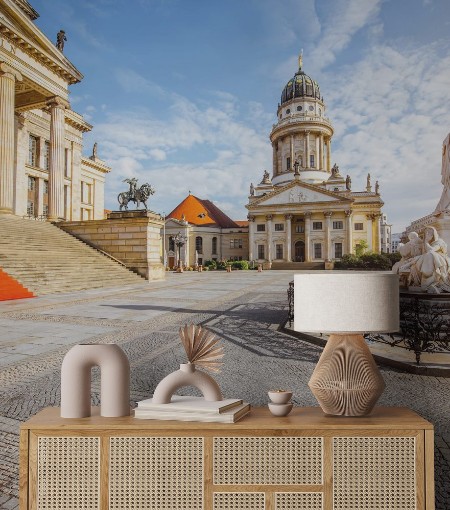 Picture of Viiew on the Gendarmenmarkt square with concert house building and French cathedral during the morning light in Berlin city