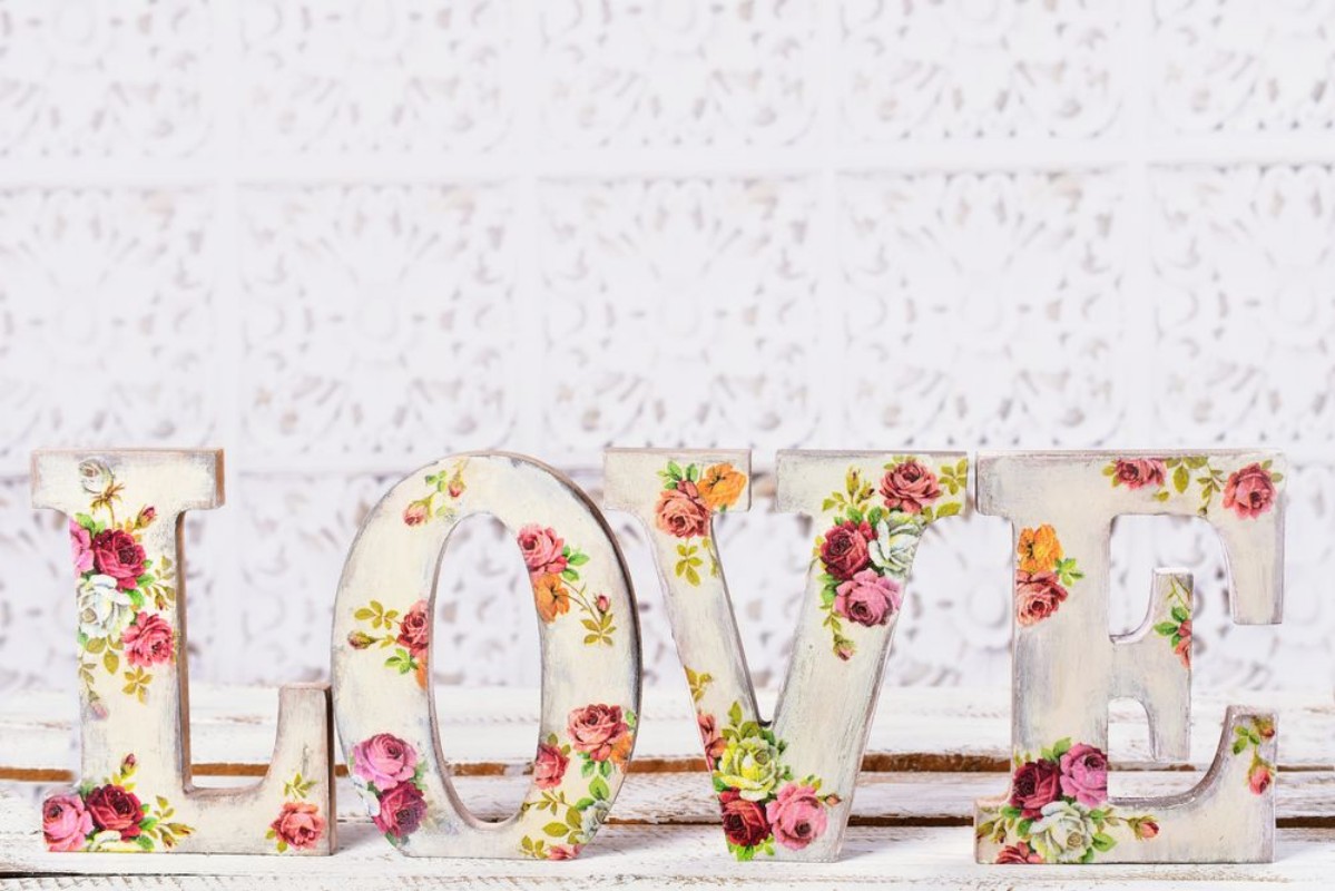 Picture of Love background with decoupage decorated letters with rose pattern