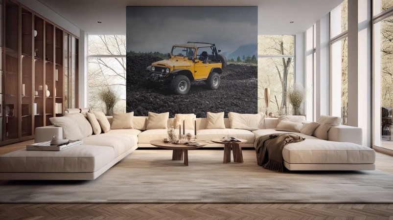 Image de Offroad yelow vehicle parked at the top of a valley with volcanic rock and mountains in Bali Indonesia