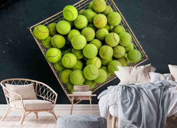 Afbeeldingen van Top view of green tennis balls in a busket