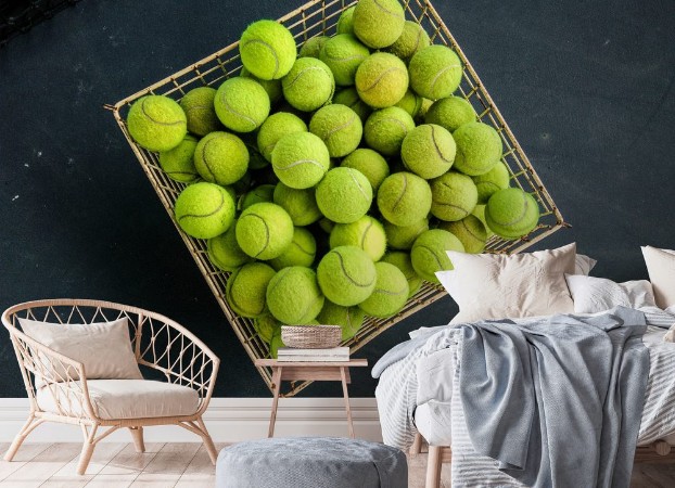 Picture of Top view of green tennis balls in a busket