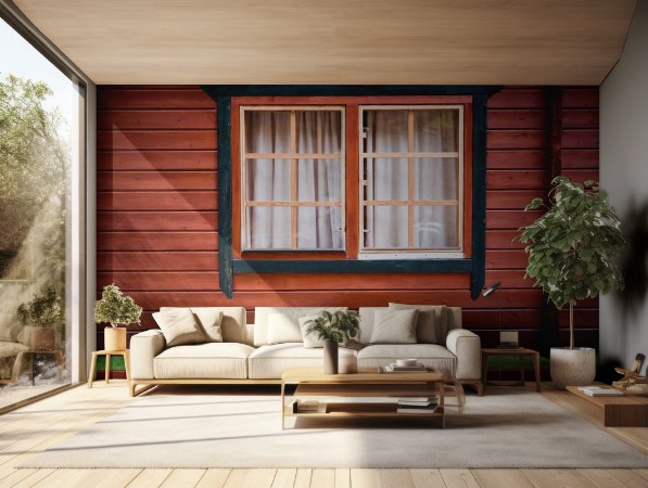 Image de Windows with curtains and some green flowers on painted wooden house