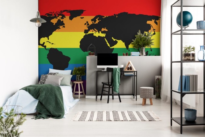 Picture of Black world map silhouette on LGBT rainbow pride flag background Lesbian gay bisexual and transgender stylish design element Simple flat vector illustration