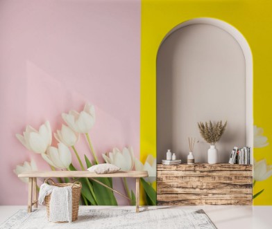 Afbeeldingen van Pink and yellow surface with tulips