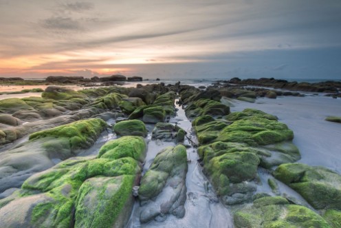 Afbeeldingen van Colorful sunset with natural coastal rocks Image contain soft focus due to long exposure