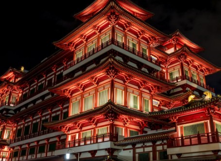 Afbeeldingen van Singapore Buddha Tooth Relic Temple at night in chinatown