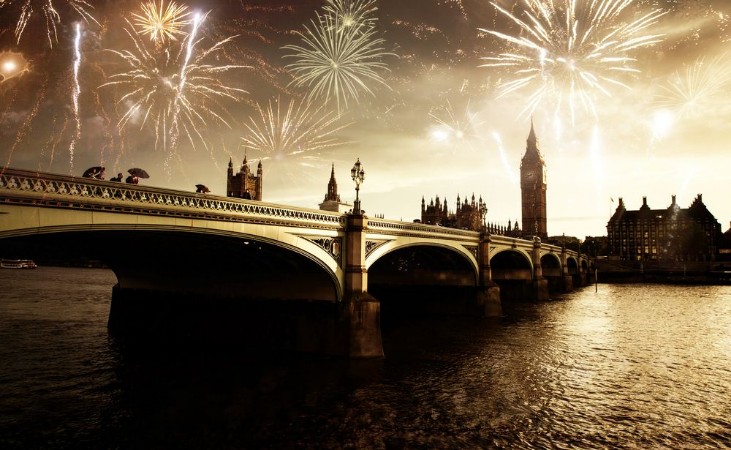 Picture of Explosive fireworks display fills the sky around Big Ben New Years Eve celebration in the city