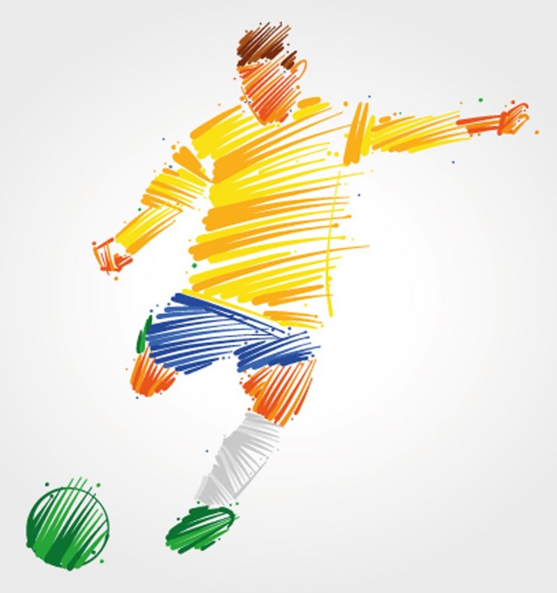 Afbeeldingen van Soccer player kicking the ball made of colorful brushstrokes on light background