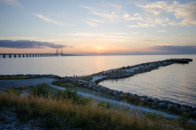 Picture of Oresund and Oresund Bridge viewed from Limhamn in Malmo Sweden during sunset