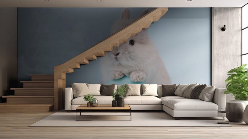 Image de Easter bunny rabbit with blue painted egg on blue background Easter holiday concept
