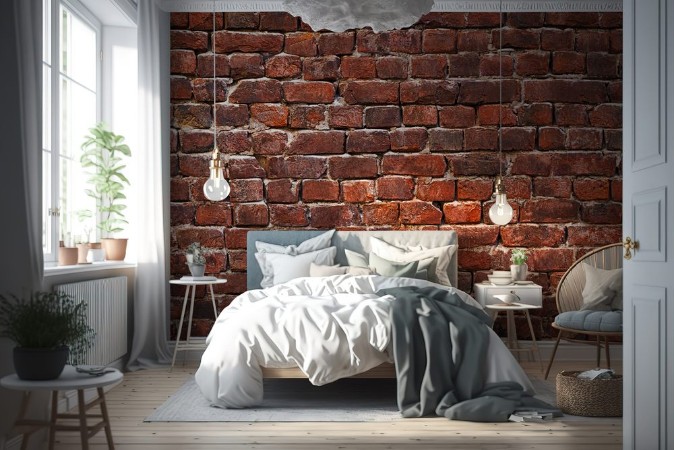 Bild på Vintage masonry red brick wall background for design