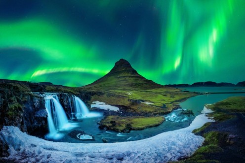Picture of Northern Light Aurora borealis at Kirkjufell in Iceland Kirkjufell mountains in winter