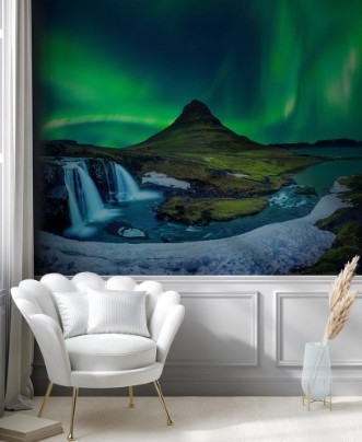 Picture of Northern Light Aurora borealis at Kirkjufell in Iceland Kirkjufell mountains in winter