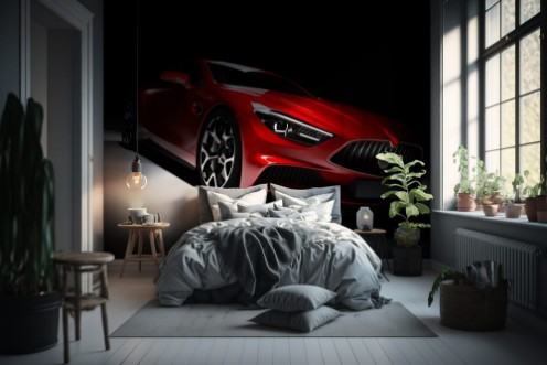 Afbeeldingen van Modern red sports car in a spotlight on a black background