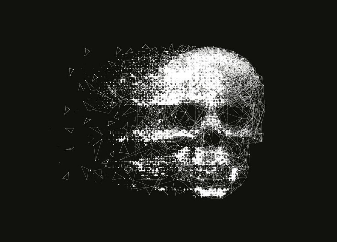 Afbeeldingen van Vector skull illustration made by interlacing network of thin lines and grungy halftone effect Low poly line art