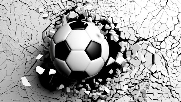 Afbeeldingen van Soccer ball breaking forcibly through a white wall 3d illustration
