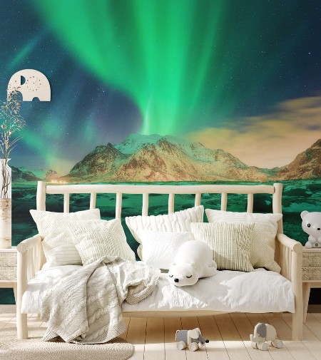 Afbeeldingen van Aurora over snowy mountains Northern lights in Lofoten islands Norway Starry sky with polar lights Night winter landscape with green aurora borealis stones sandy beach rocks illumination 