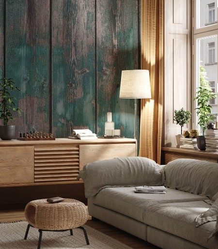 Afbeeldingen van Gray and green weathered boards Natural background of wood