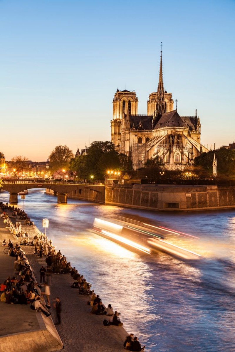 Bild på France Paris Tourist boat on Seine river with Notre Dame cathedral in background