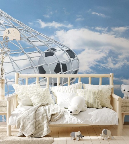 Picture of 3d rendering of a football ball caught in a white net from the gates on a sky background