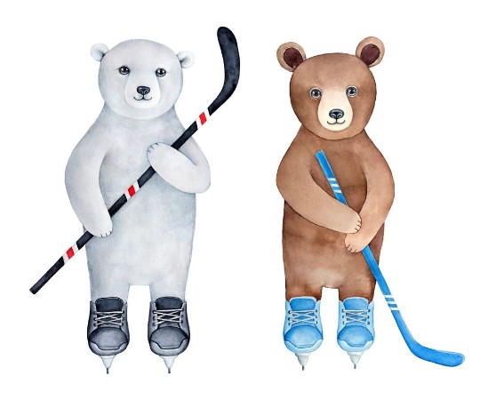 Afbeeldingen van Set of two different bear cubs brown and polar ice hockey player characters Hand drawn water color graphic illustration on white background Cutout clipart sketches for design prints stickers