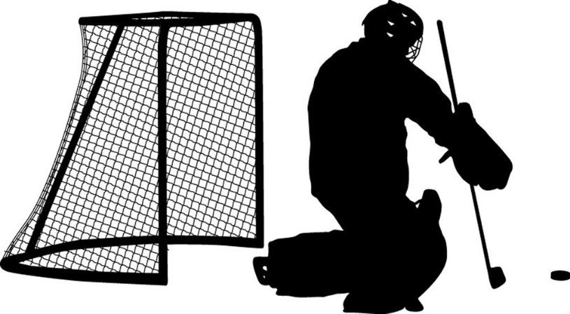 Afbeeldingen van Silhouette of hockey goalkeeper on white background
