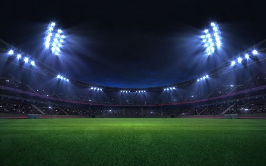 Picture of Universal grass stadium illuminated by spotlights and empty green grass playground grand sport building digital 3D background advertisement background illustration