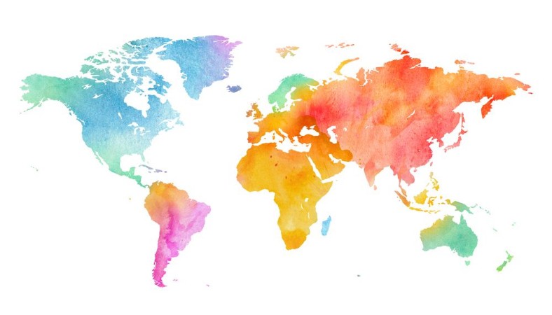 Bild på Mehrfarbenaquarell-Weltkarte auf weiem Hintergrund